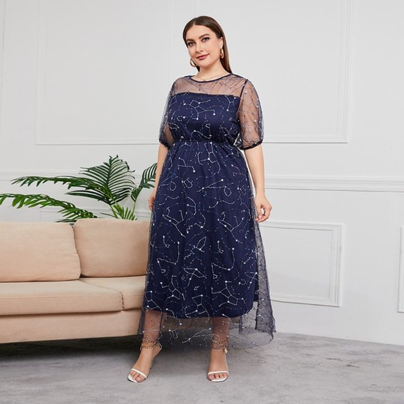 Plus Size Parisian Flora Mesh Embroidery Party Maxi Dress - Picture 5 of 6